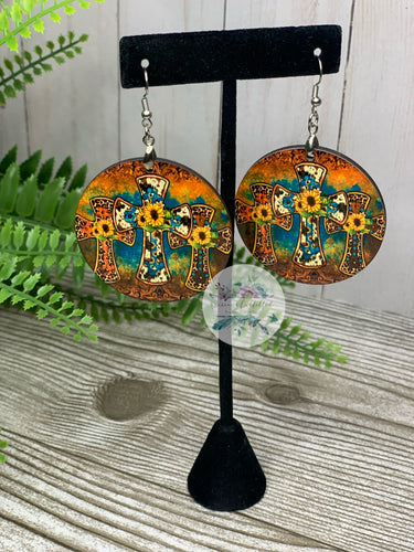 Cross Sunflower 2in Circle Earrings | Visions Fulfilled